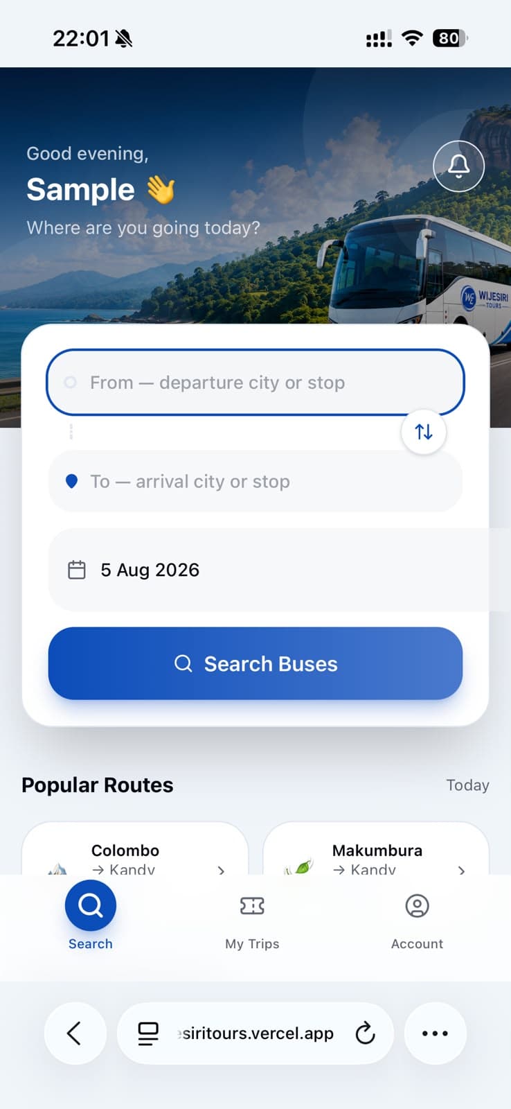 The Wijesiri Tours booking site on a mobile phone, showing the home screen with route search and popular routes below