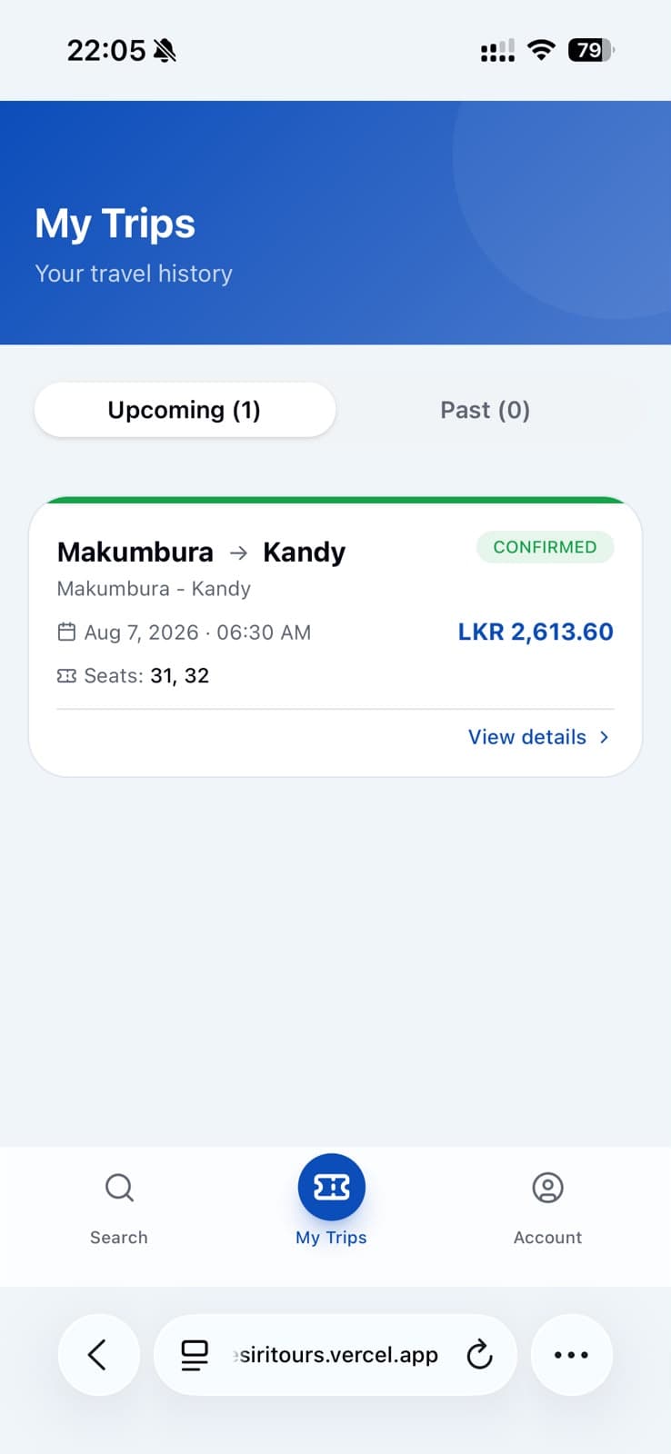 My Trips screen listing the passenger's upcoming confirmed booking