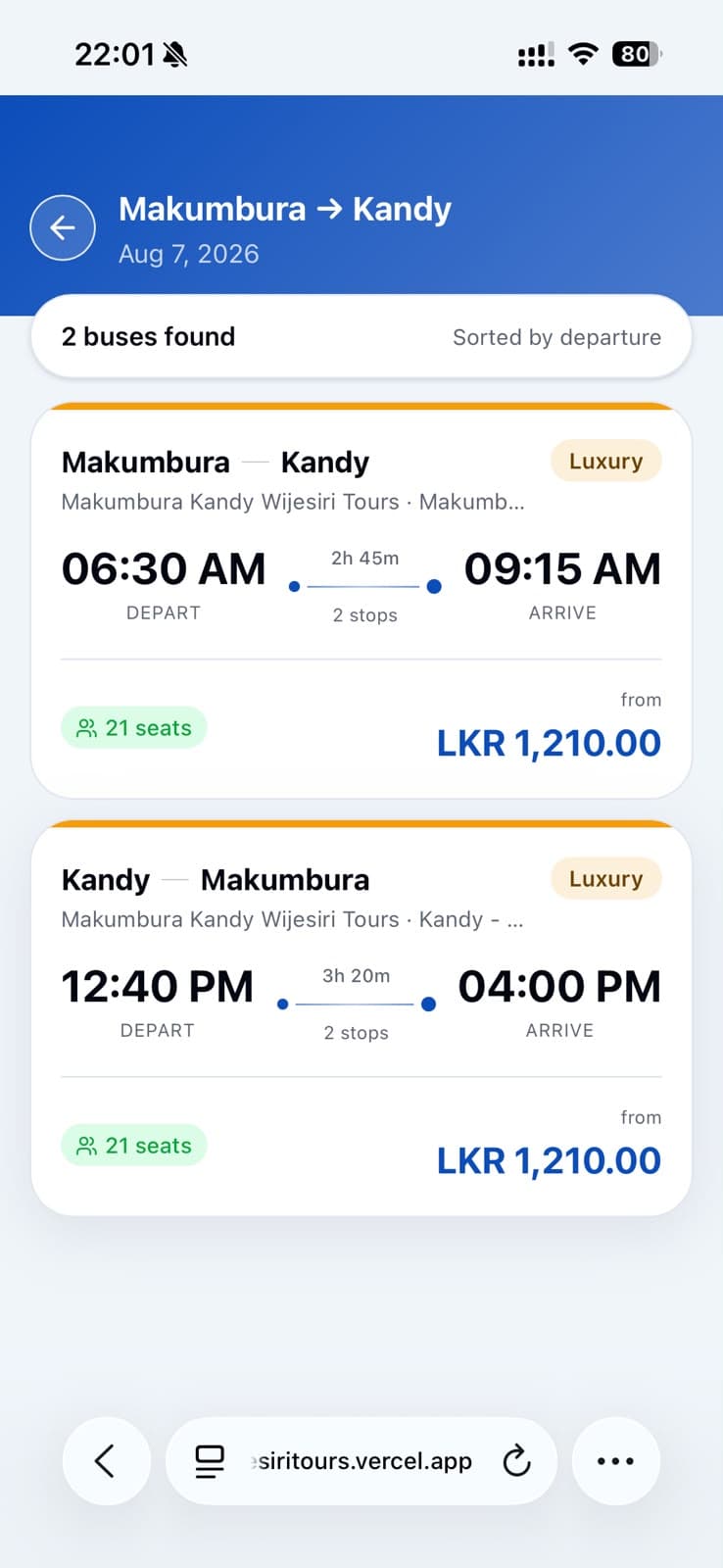 Search results on mobile showing two available Makumbura to Kandy services with departure times, seats left and fares