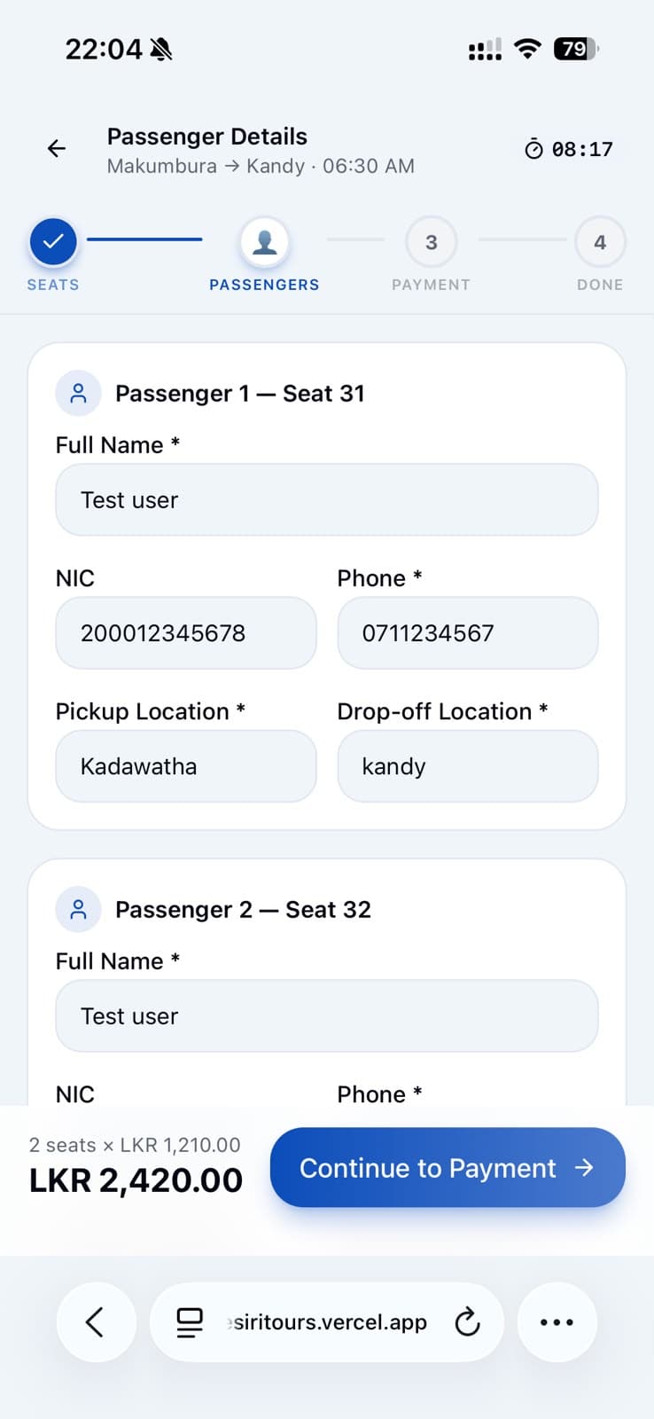 Passenger details form on mobile, capturing name, phone and pickup and drop-off points for each booked seat