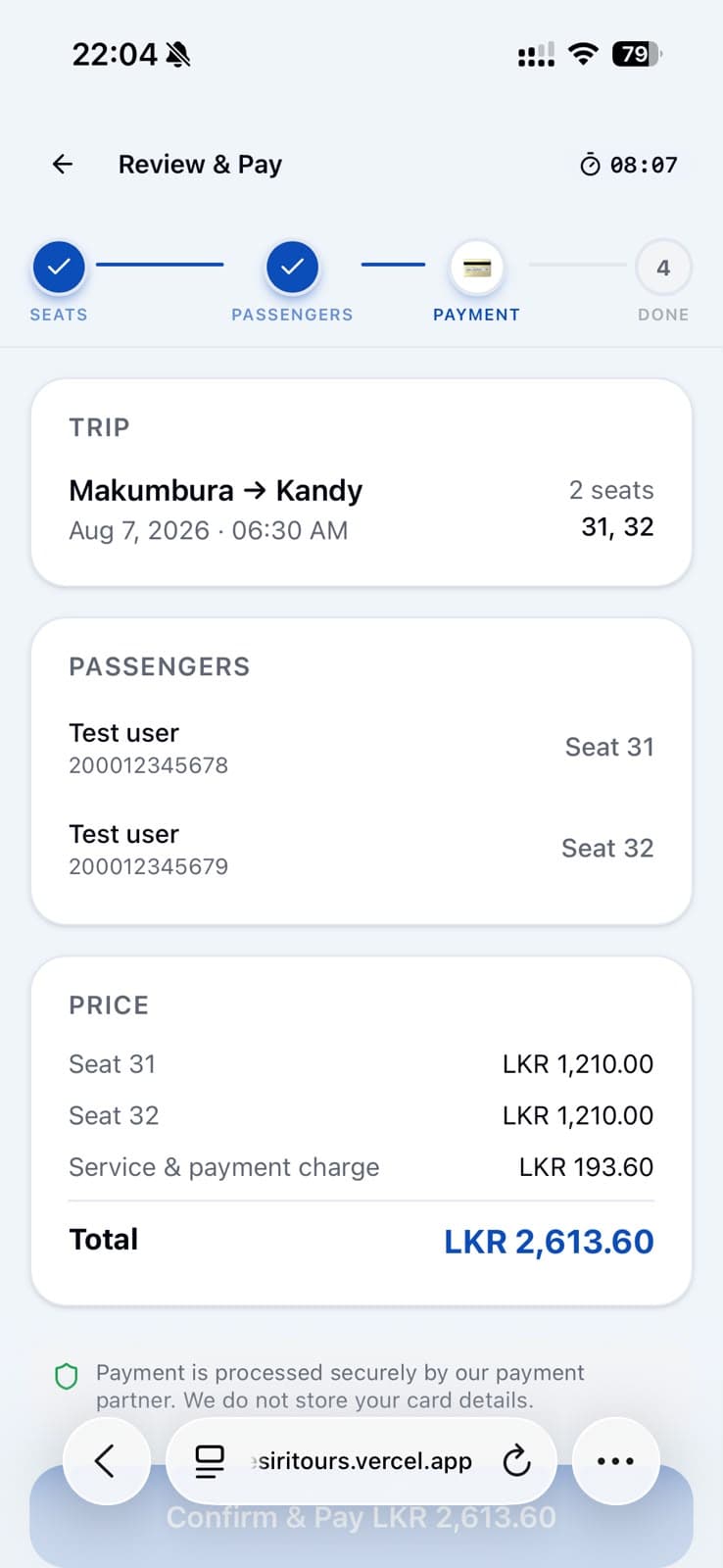 Review and pay screen summarising the trip, passengers and price breakdown before payment