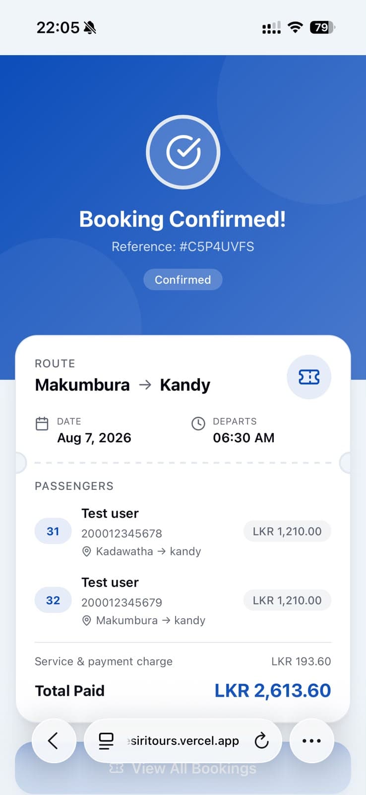 Booking confirmed screen showing the route, both passengers, their seats and the total paid