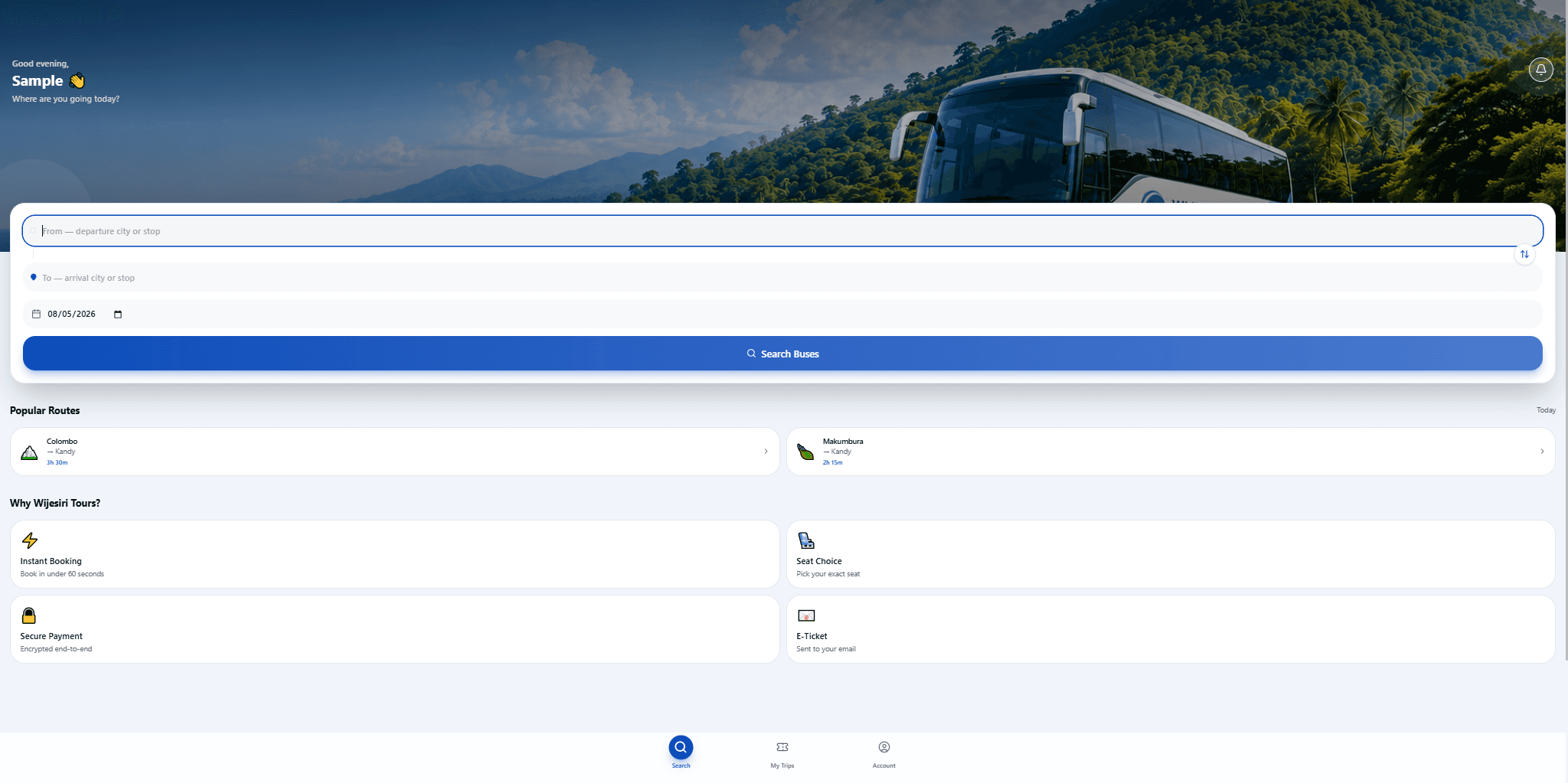 The Wijesiri Tours booking site, showing route search and popular routes under their own branding